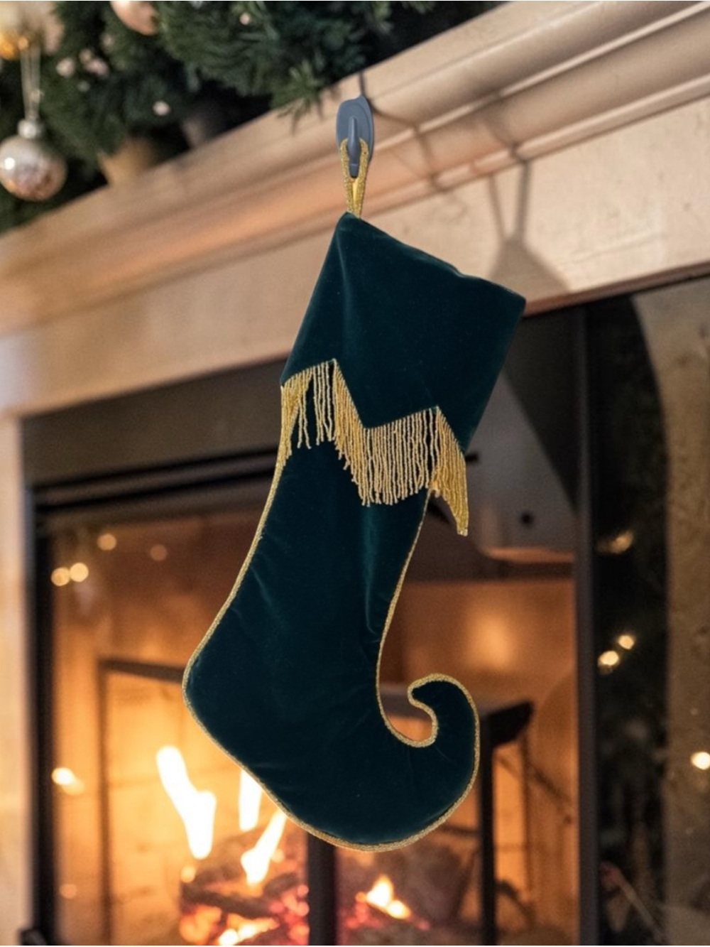 Vintage Whimsical Elf Boot Dark Green Velvet Beaded Fringe Christmas Stocking